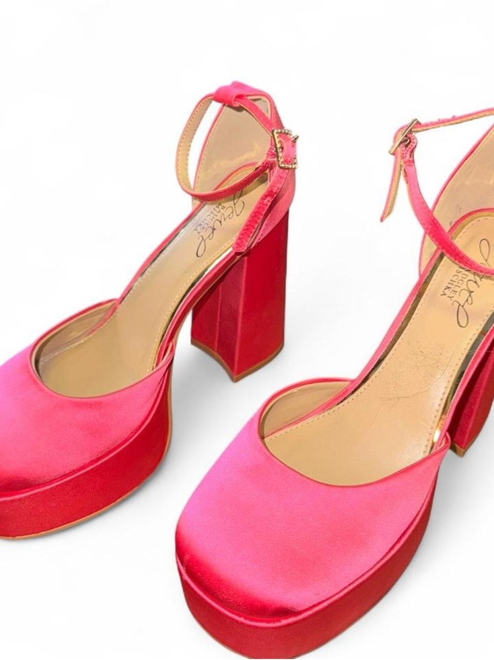 Hot Pink Satin Platform Block Heels with Ankle Strap